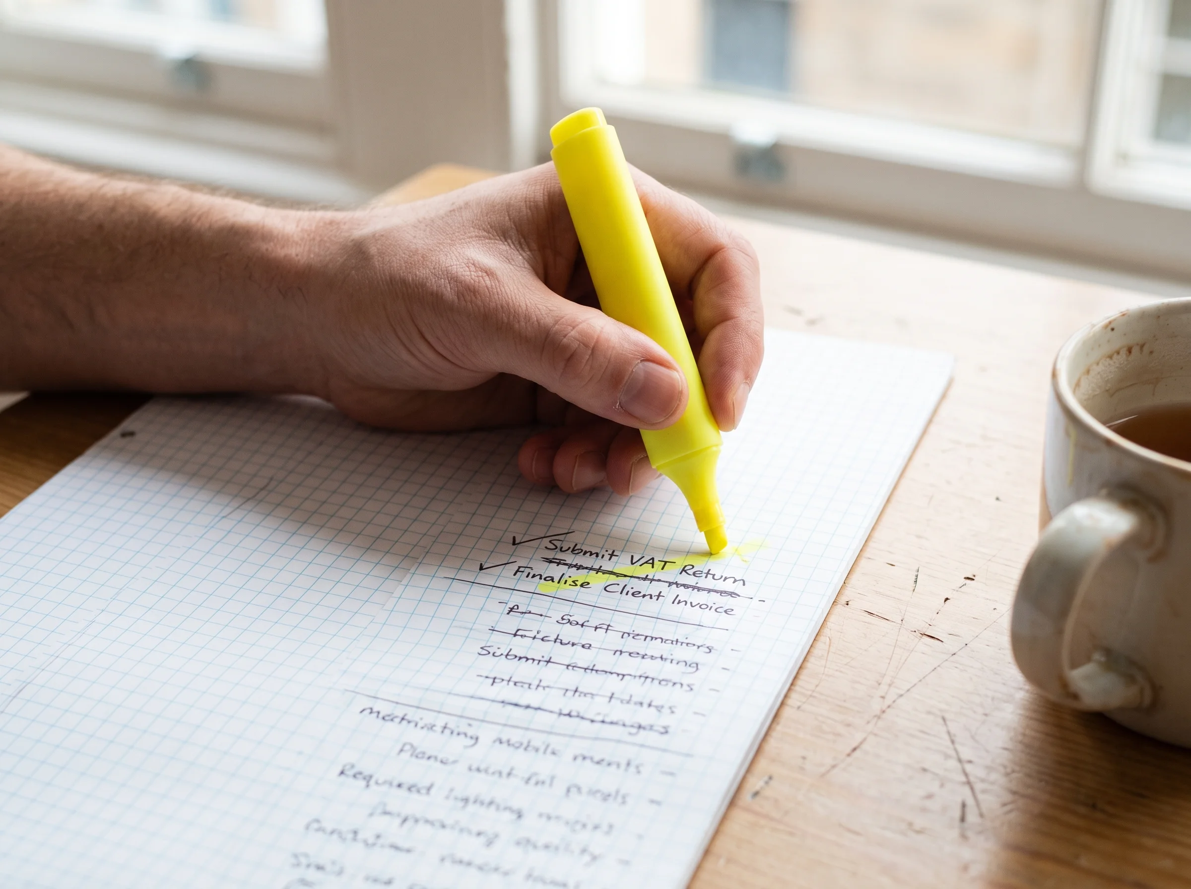 A hand drawing a thick yellow highlighter tick through a handwritten to-do item on graph paper, with a mug of tea at the edge of the desk