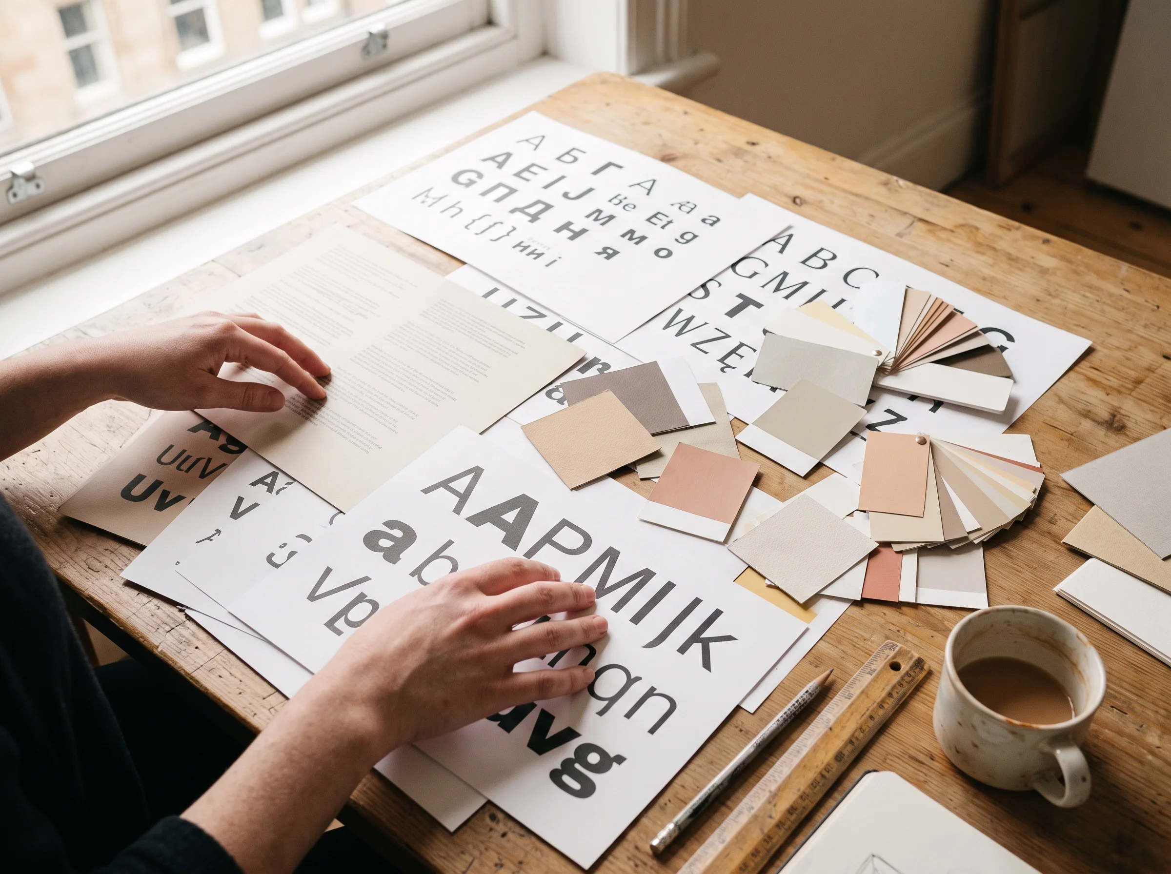 A designer's hands arranging printed type specimens and colour swatches across a studio table in morning light