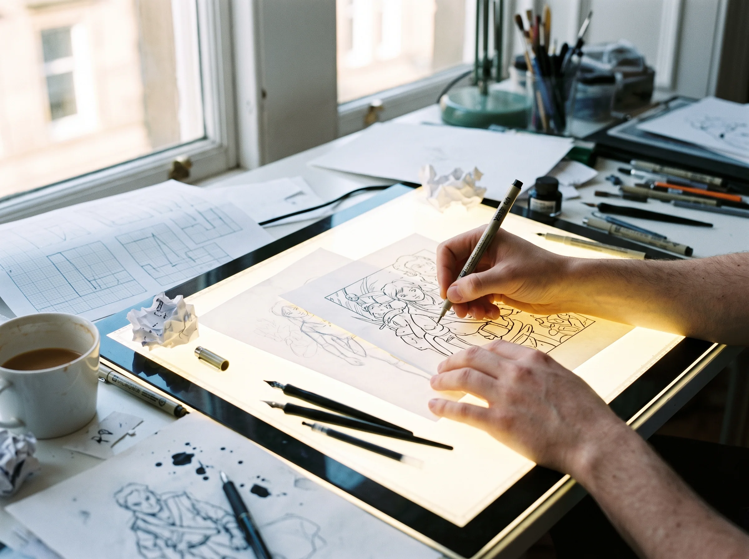 An illustrator's hands inking linework at a glowing light table surrounded by pens and paper scraps