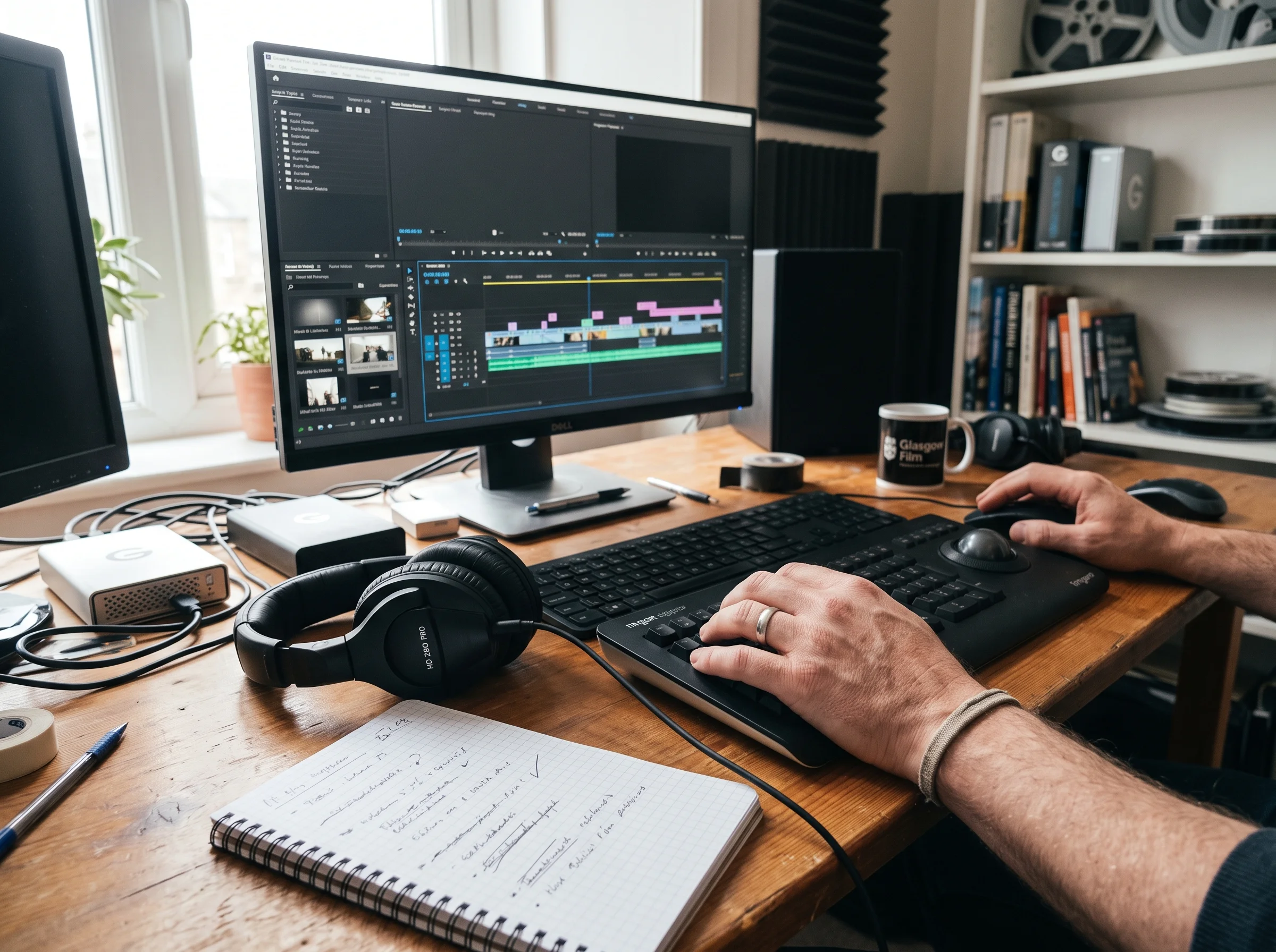 Hands working at a daylit edit desk with a video editing timeline on the monitor and a notepad alongside