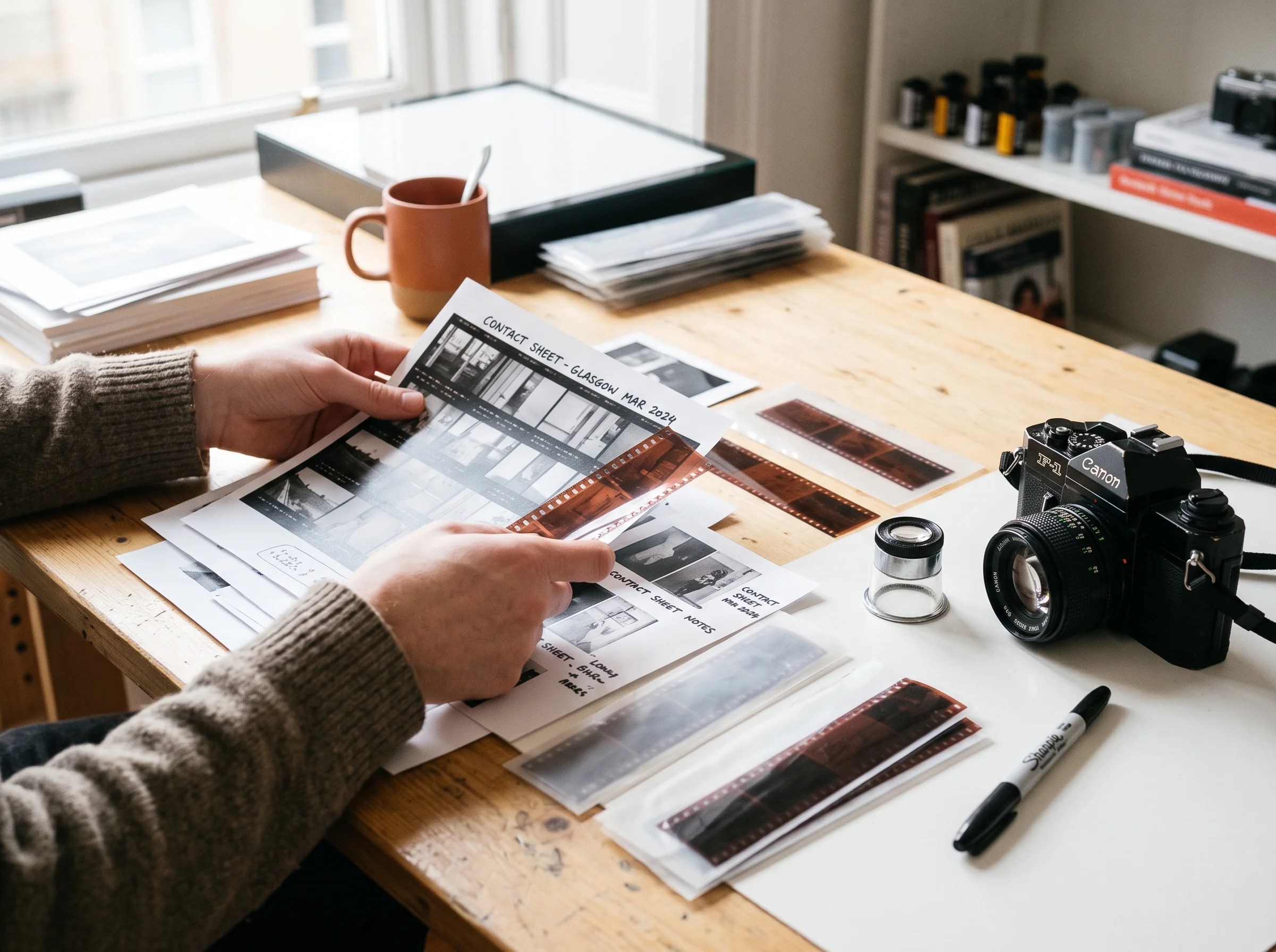 A photographer's hands sorting contact sheets and negatives on a bright table beside a loupe and camera body