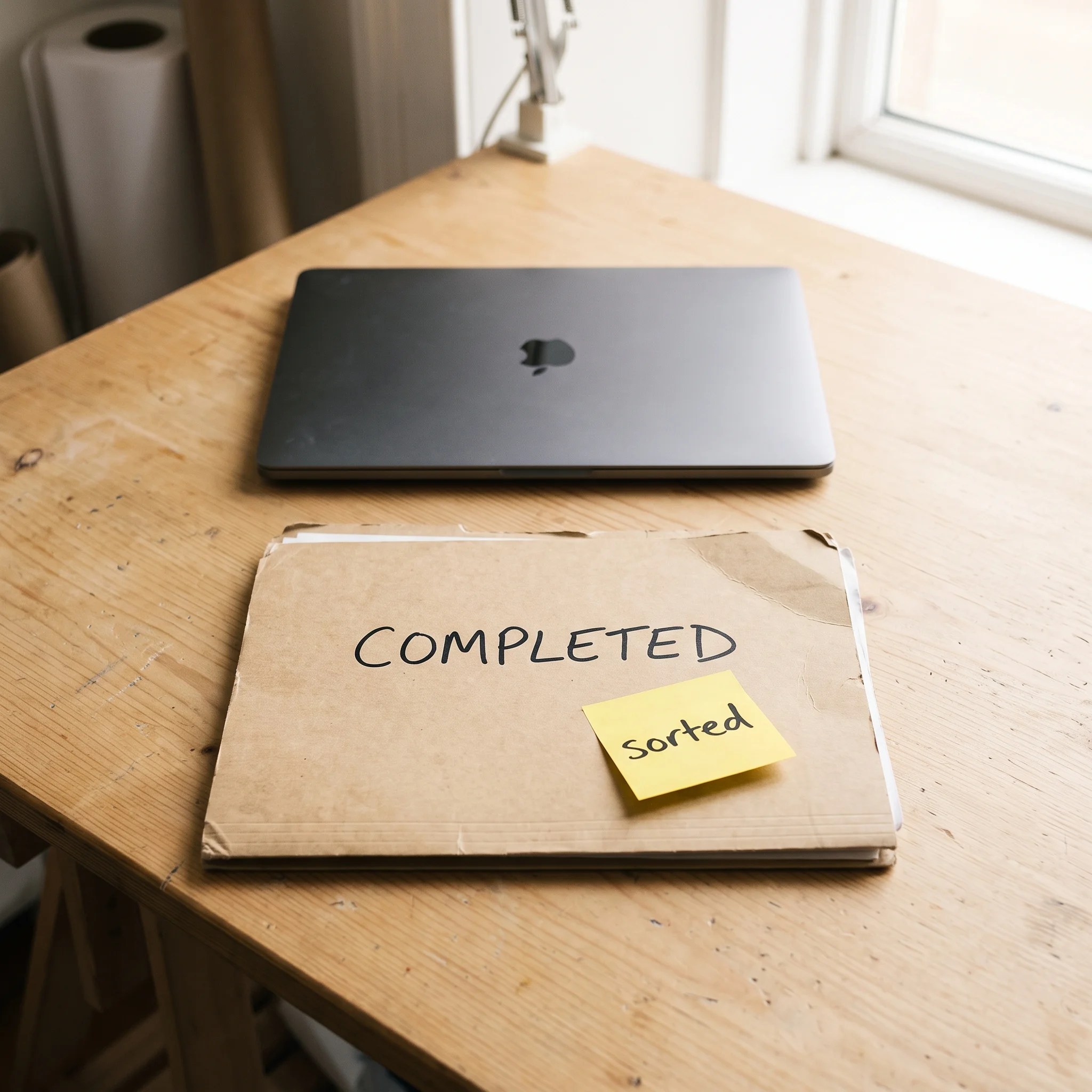 A studio table cleared to one tidy corner with a closed laptop, a labelled folder and a sticky note reading 'sorted'