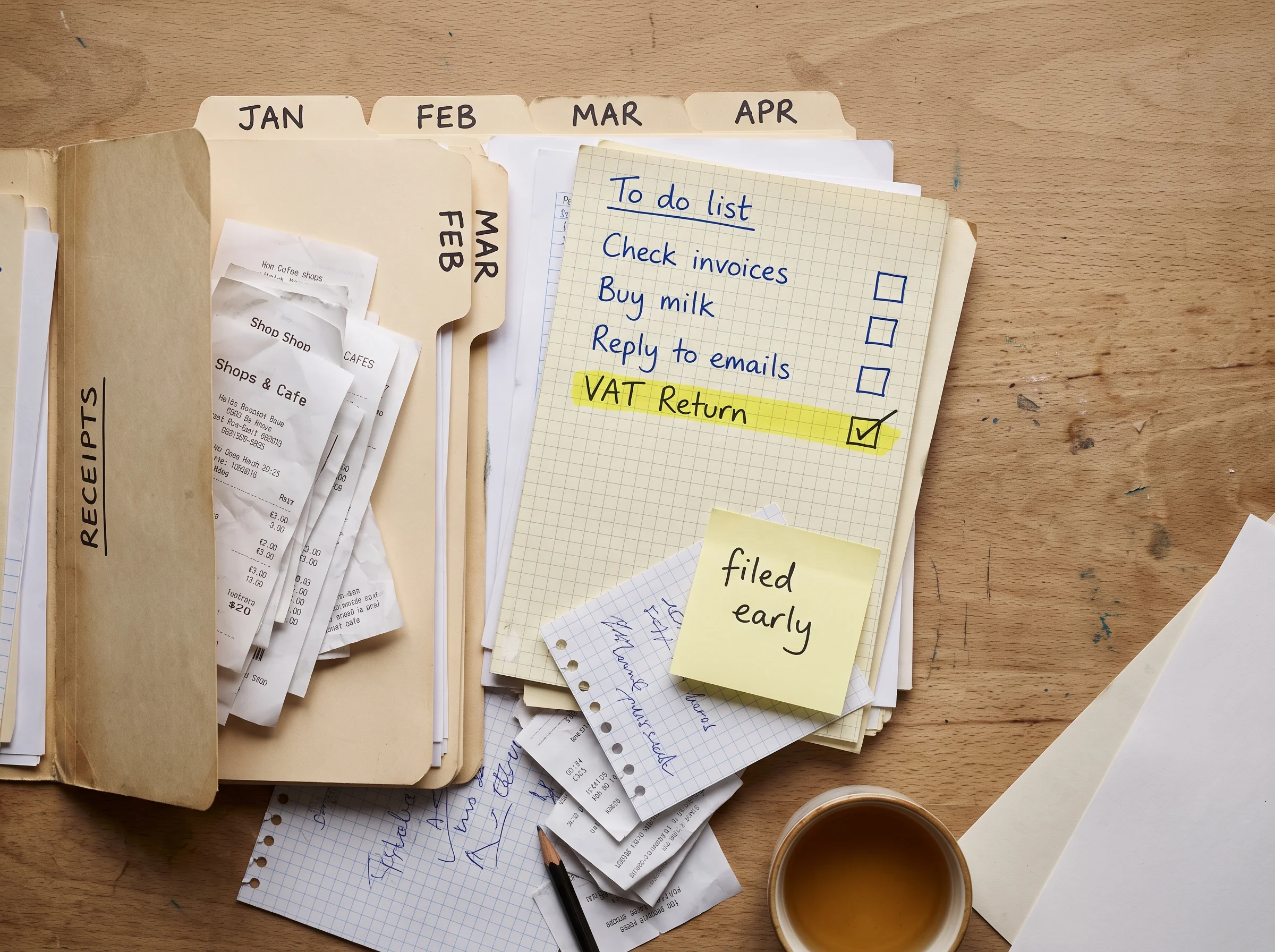 Overhead view of a tabbed receipts folder in order, a graph-paper to-do list with a highlighter tick through 'VAT return', and a sticky note reading 'filed early'